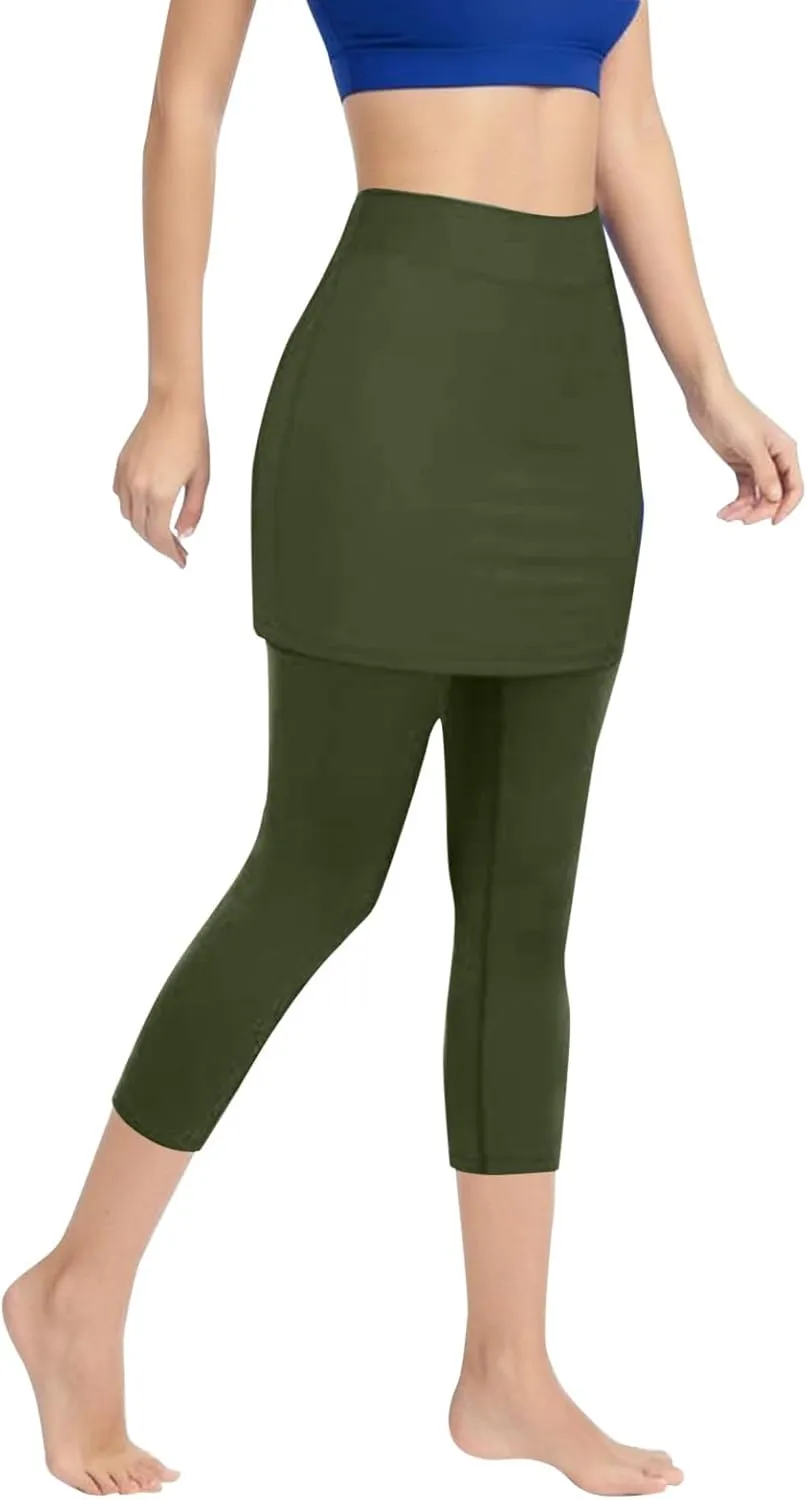 Tennis Skirt With Leggings For Women with Pockets Active Sport Running Skort Pants Slim Fit Workout Capri Trousers