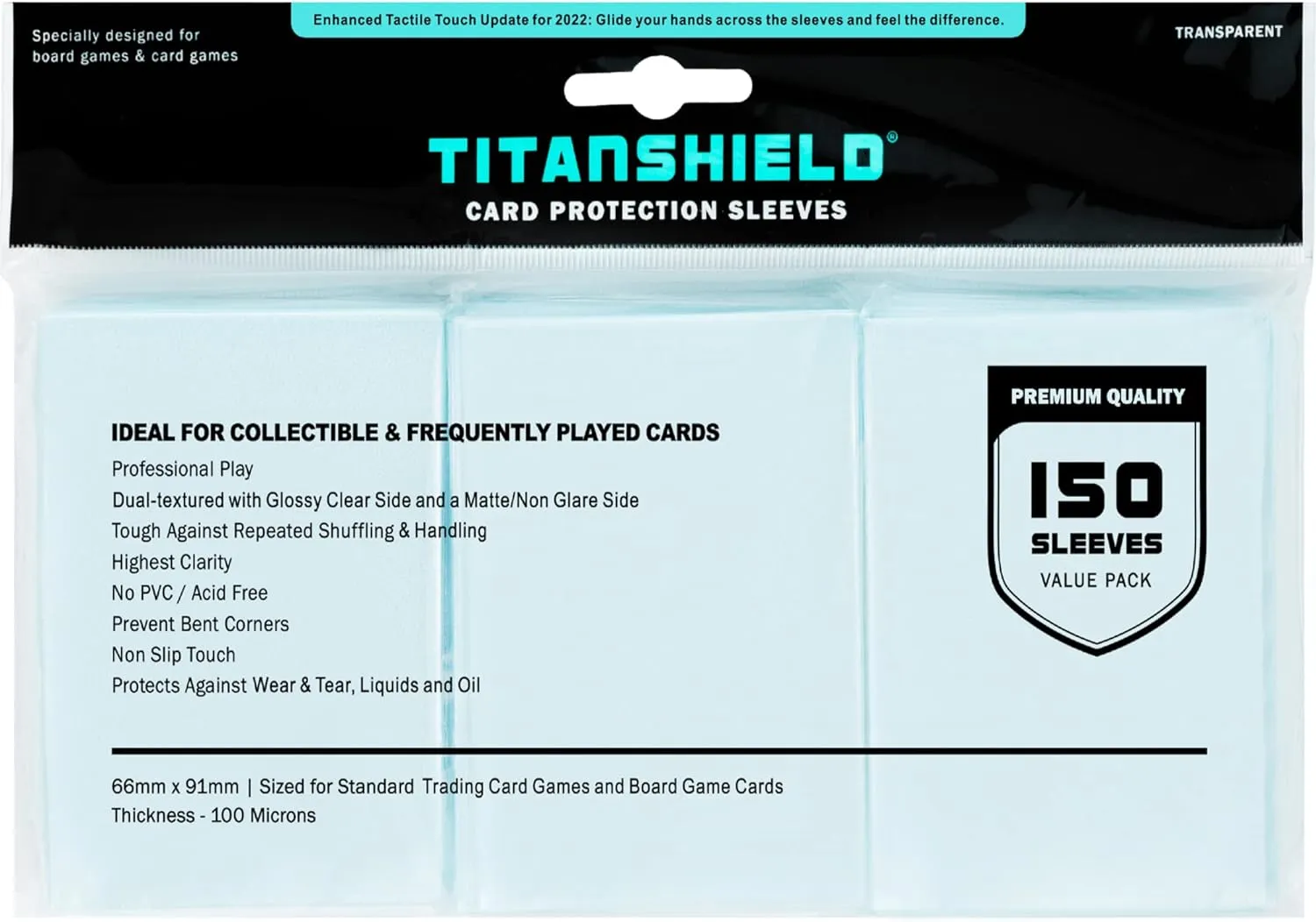TitanShield Premium Clear Card Sleeves Compatible with Standard Sized Board Games, MTG Magic The Gathering, Pokemon, Lorcana and Trading Cards 2.5" x 3.5" 66x91mm (150 Sleeves)