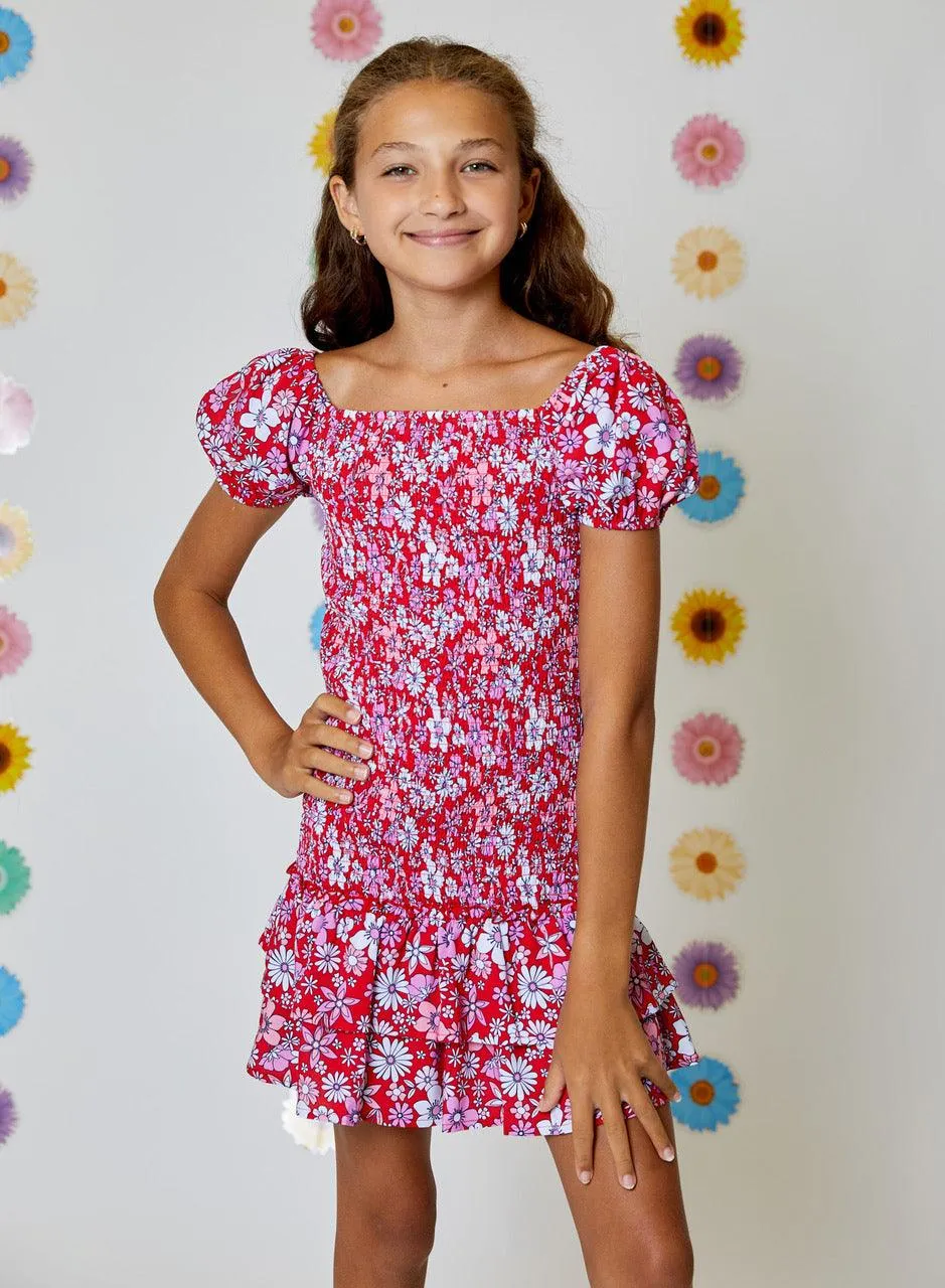 Tween Dresses | Girls Red Combo Floral Print Smocked Dress | Design History
