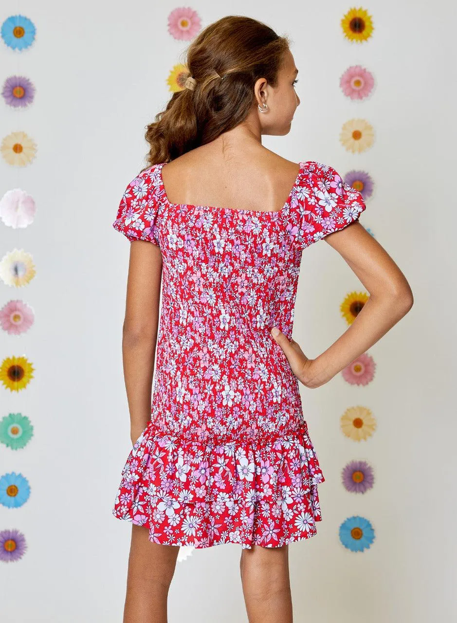 Tween Dresses | Girls Red Combo Floral Print Smocked Dress | Design History