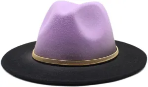 Two-Tone Fedora Hat, Purple Crown with Black Brim, Gold Metal Band Accent