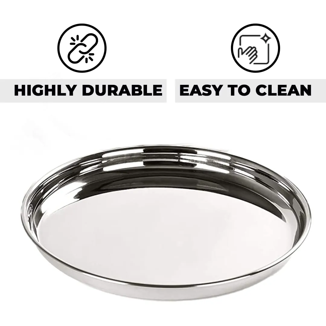 Urbane Home Stainless Steel Dining Plate Set | Blunt Edges, Deep Base | Glossy Finish, Durable, Easy to Clean | Steel Plates for Lunch, Breakfast, Dinner | Set of 4