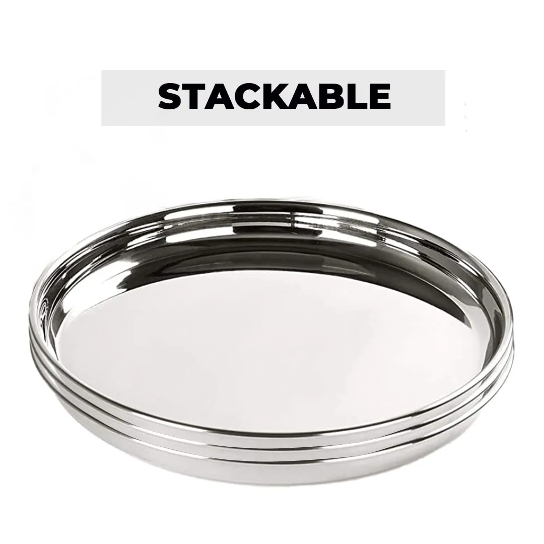 Urbane Home Stainless Steel Dining Plate Set | Blunt Edges, Deep Base | Glossy Finish, Durable, Easy to Clean | Steel Plates for Lunch, Breakfast, Dinner | Set of 4