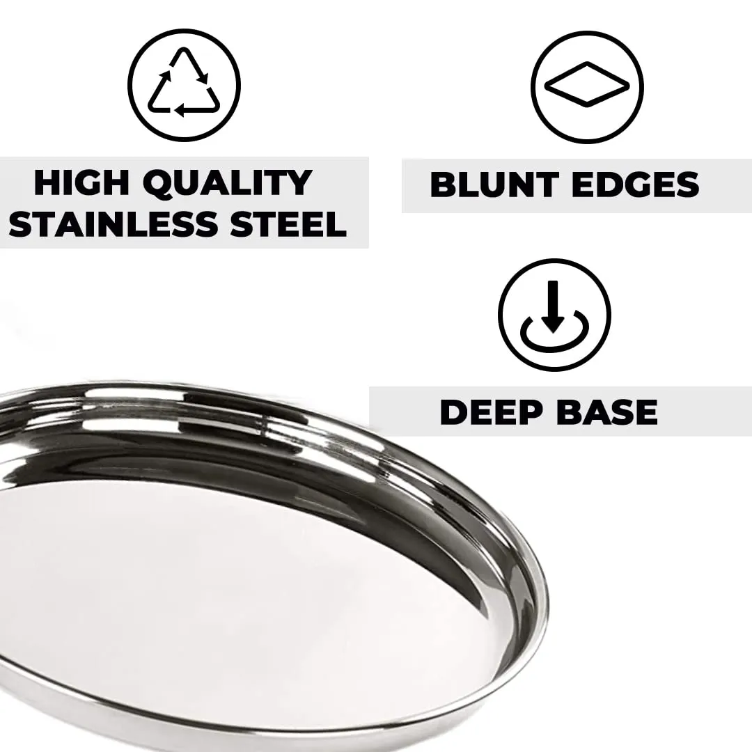 Urbane Home Stainless Steel Dining Plate Set | Blunt Edges, Deep Base | Glossy Finish, Durable, Easy to Clean | Steel Plates for Lunch, Breakfast, Dinner | Set of 4