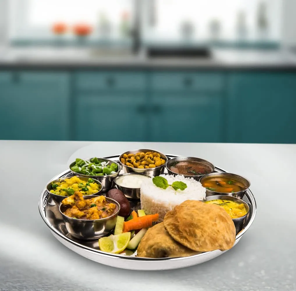 Urbane Home Stainless Steel Dining Plate Set | Blunt Edges, Deep Base | Glossy Finish, Durable, Easy to Clean | Steel Plates for Lunch, Breakfast, Dinner | Set of 4