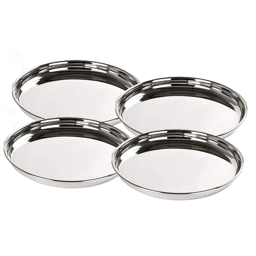 Urbane Home Stainless Steel Dining Plate Set | Blunt Edges, Deep Base | Glossy Finish, Durable, Easy to Clean | Steel Plates for Lunch, Breakfast, Dinner | Set of 4