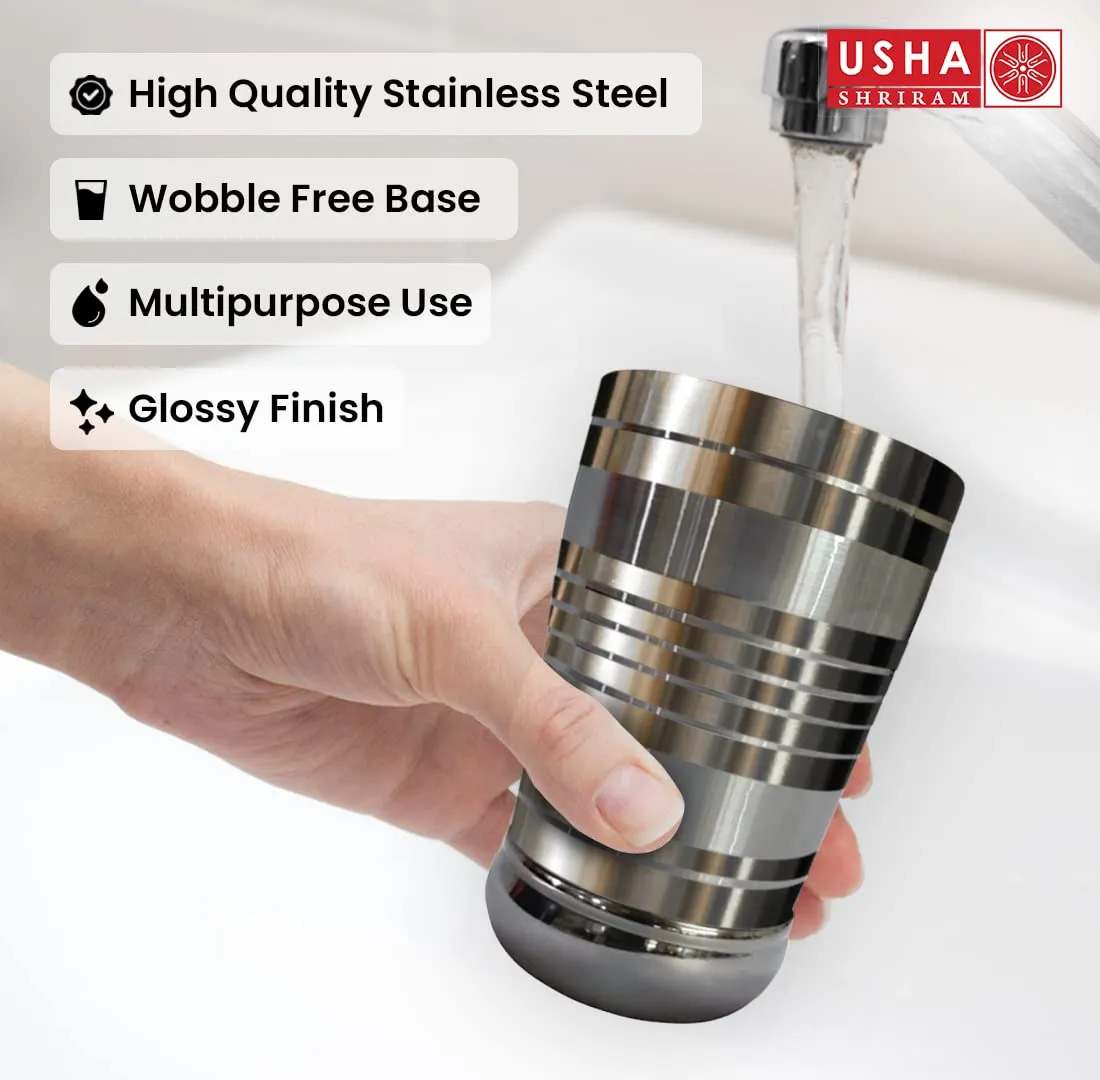 USHA SHRIRAM | 12Pc Stainless Steel Glass Set | 300ml Each | Steel Gilas, Pani k Gilash, Wobble Free Base, Durable | Multipurpose, Elegant Design & Mirror Finish (Hourglass - Set of 12)