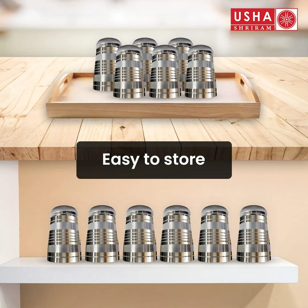 USHA SHRIRAM | 12Pc Stainless Steel Glass Set | 300ml Each | Steel Gilas, Pani k Gilash, Wobble Free Base, Durable | Multipurpose, Elegant Design & Mirror Finish (Hourglass - Set of 12)
