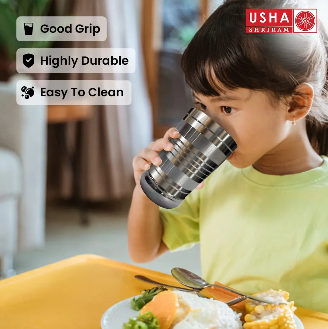 USHA SHRIRAM | 6Pc Stainless Steel Glass Set | 300ml Each | Stainless Steel Pani k Gilas, Wobble Free Base, Durable | Multipurpose, Elegant Design & M...