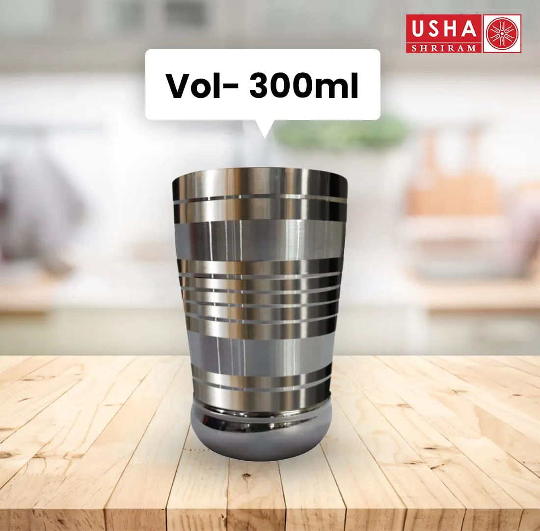 USHA SHRIRAM | 6Pc Stainless Steel Glass Set | 300ml Each | Stainless Steel Pani k Gilas, Wobble Free Base, Durable | Multipurpose, Elegant Design & M...