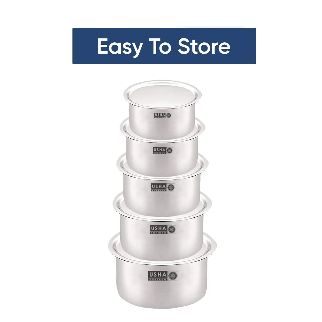 USHA SHRIRAM Stainless Steel Tope Set |Gas & Induction Heating |Stainless Steel Patila, Durable & Wobble Free Base | Flat Bottom (Steel Tope (5 Pcs) - with Lid)