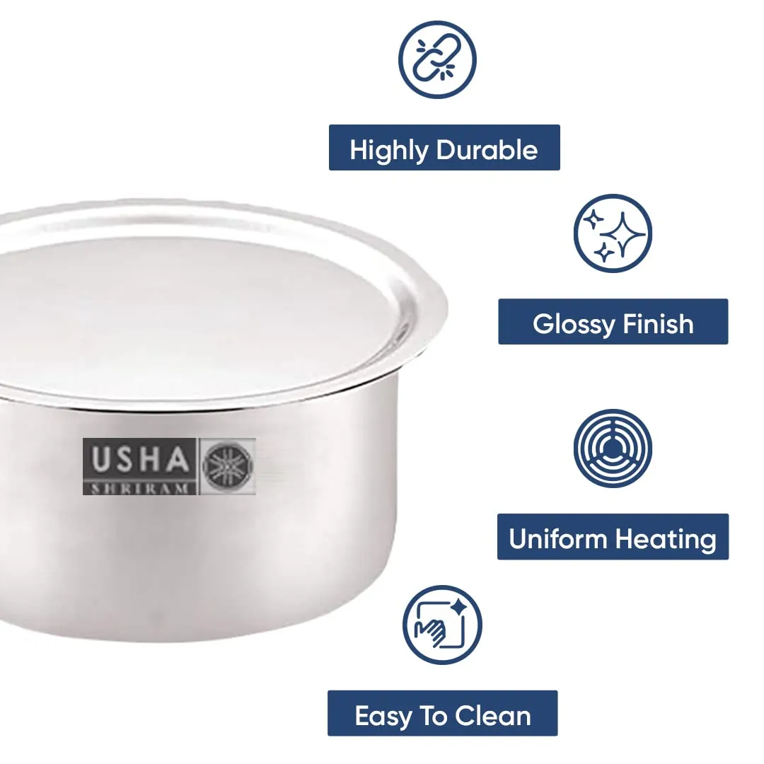 USHA SHRIRAM Stainless Steel Tope Set |Gas & Induction Heating |Stainless Steel Patila, Durable & Wobble Free Base | Flat Bottom (Steel Tope (5 Pcs) - with Lid)