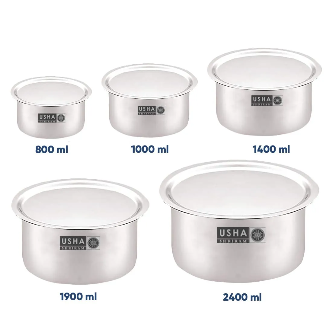 USHA SHRIRAM Stainless Steel Tope Set |Gas & Induction Heating |Stainless Steel Patila, Durable & Wobble Free Base | Flat Bottom (Steel Tope (5 Pcs) - with Lid)