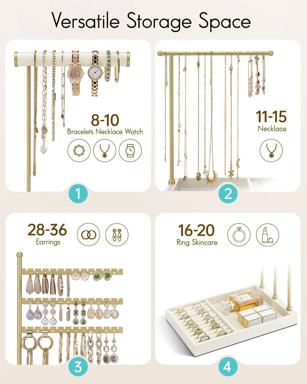 Vlando Jewelry Stand Organizer with Ring Holder, Jewelry Holder Organizer with Tray, Necklace Bracket Earring Holder - Cloud White