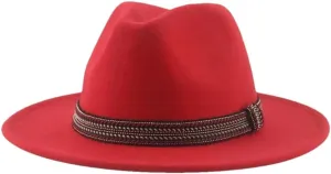 Women's Fedoras Hat Solid Casual Wide Brim Hat Panama Band Caps Red 52-54cm