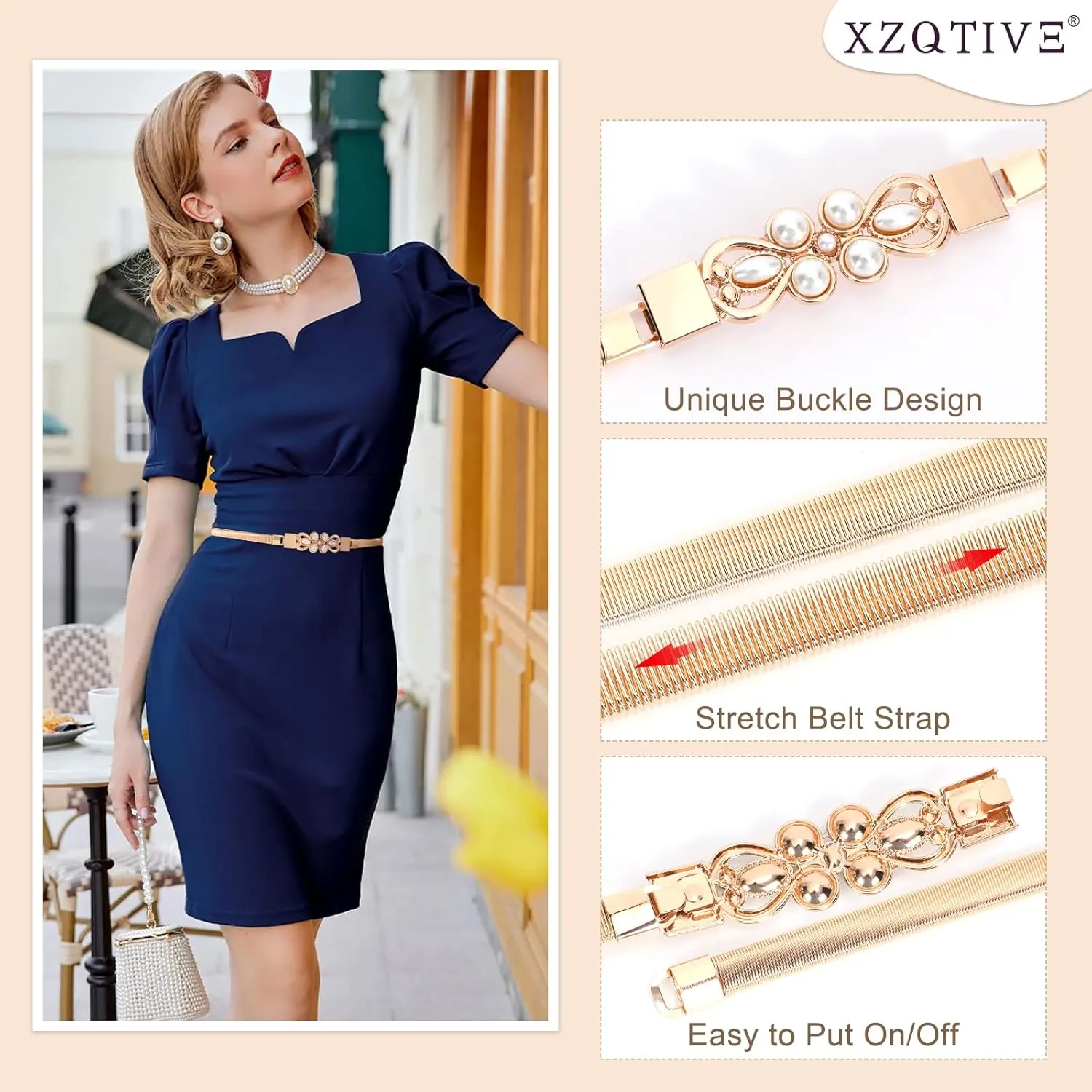 XZQTIVE Women Skinny Metal Chain Waist Belt Stretchy Saree Cinch Belt for Dress Gold Sliver