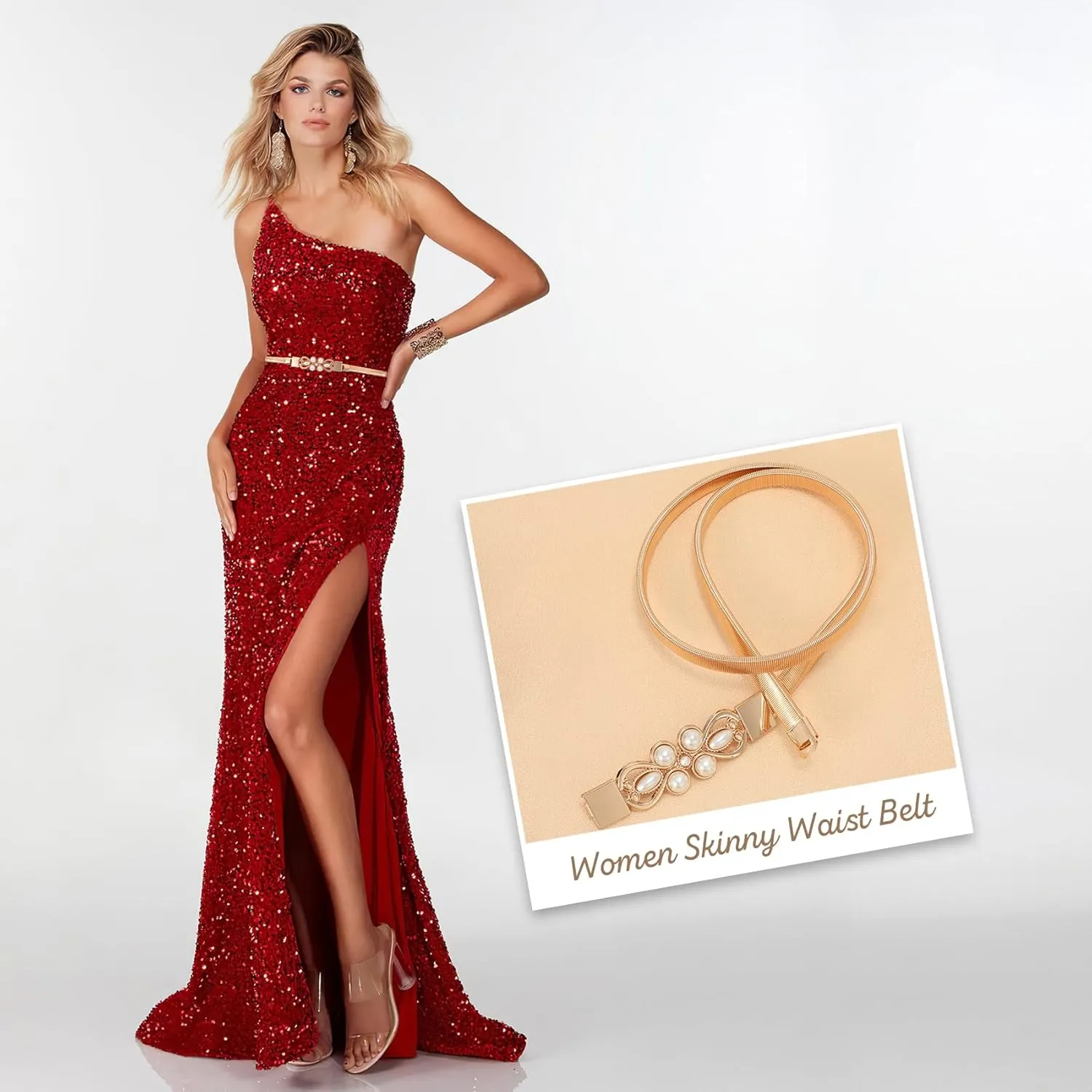 XZQTIVE Women Skinny Metal Chain Waist Belt Stretchy Saree Cinch Belt for Dress Gold Sliver