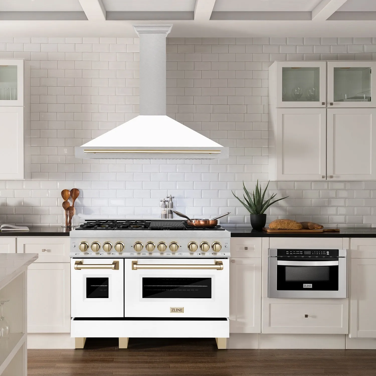 ZLINE 48" Autograph Edition DuraSnow® Stainless Steel Range Hood with White Matte Shell and Gold Handle